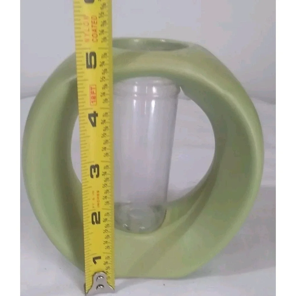Circular Bud Vases (3) Ceramic Green Plastic Insert Art Deco MCM‎ 5 Inch